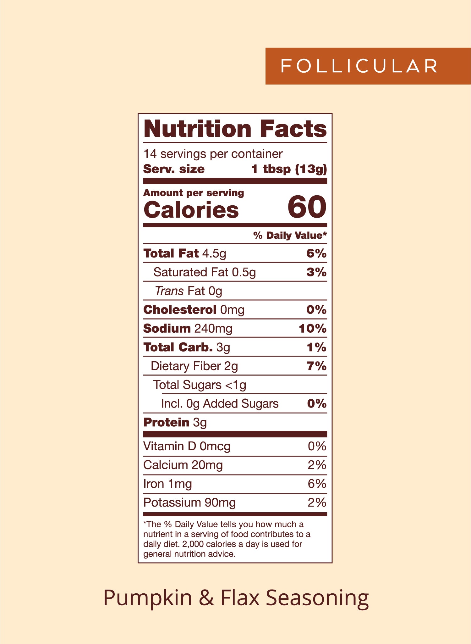 Nutrition panel for Follicular seed blend:

Total Fat, 4.5g, 6% daily value.
Saturated Fat, 0.5g, 3% daily value.
Trans Fat, 0g.
Cholesterol, 0mg.
Sodium, 240mg, 10% daily value.
Total Carb, 3g, 1% daily value.
Dietary Fiber, 2g, 7% daily value.
Total Sugars, <1g.
Protein 3g.

Vitamin D, 0mcg, 0% daily value.
Calcium, 20mg, 2% daily value.
Iron, 1mg, 6% daily value.
Potassium, 90mg, 2% daily value.